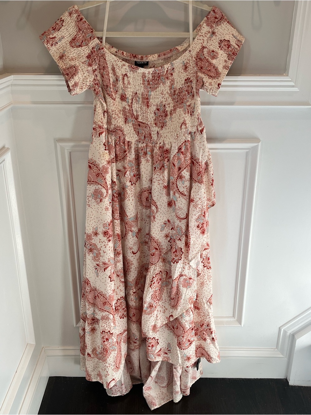 Smocked Off-Shoulder Paisley Maxi Dress - Pink/Cream